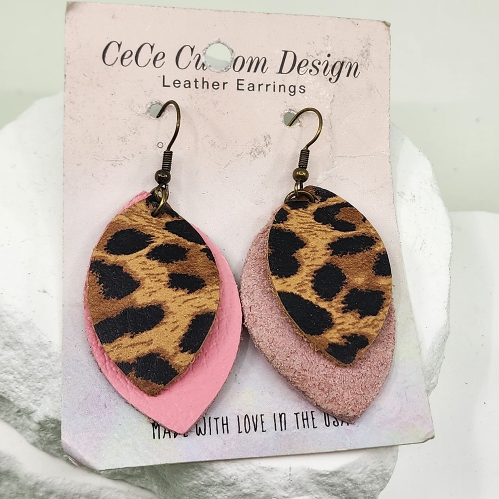 CeCe Custom Design Leather Leopard Pink Layered Dangle Earrings Boho Statement
